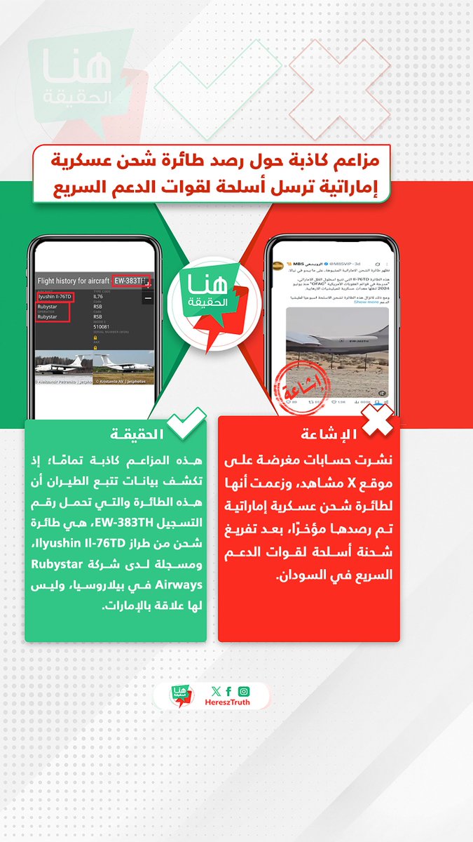 HereszTruth's tweet photo. 🚫 الإشاعة 
نشرت حسابات مغرضة على موقع X مشاهد، وزعمت أنها لطائرة شحن عسكرية إماراتية تم رصدها مؤخرًا، بعد تفريغ شحنة أسلحة لقوات الدعم السريع في #السودان 

✅ الحقيقة 
هذه المزاعم كاذبة تمامًا؛ إذ تكشف بيانات تتبع الطيران أن هذه الطائرة والتي تحمل رقم التسجيل EW-383TH، هي طائرة شحن من طراز Ilyushin Il-76TD، ومسجلة لدى شركة Rubystar Airways في #بيلاروسيا، وليس لها علاقة بـ #الإمارات 

#هنا_الحقيقة