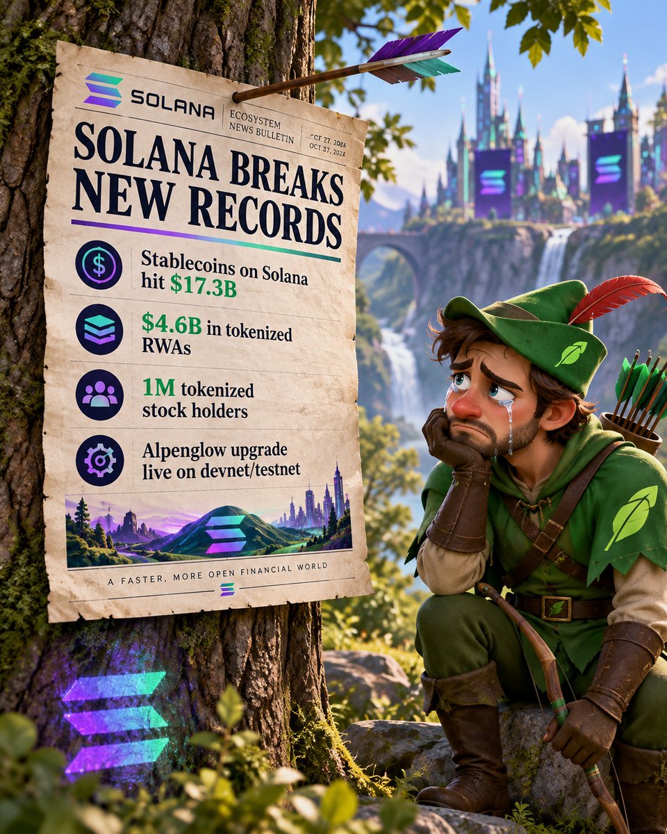 AnchorBirdz's tweet photo. Solana Breaks New Records: $17.3 Billion in Stablecoins, $4.6 Billion in RWAs, and One Million Tokenized Stock Holders!

In its latest weekly roundup on September 27, the Solana team shared several major milestones across different areas of the ecosystem.

Stablecoins

The total stablecoin supply on Solana reached a new all-time high of $17.3 billion. This includes dollar-pegged tokens used for trading, payments, lending, and various other activities across the ecosystem.

Real-World Asset Tokenization (RWA)

The total value of tokenized real-world assets on Solana surpassed $4.6 billion, setting a new record. The ecosystem now hosts more than 3,000 tokenized assets, including stocks, bonds, investment funds, and commodity-related instruments.

One Million Tokenized Stock Holders

The number of wallets that have ever held tokenized stocks on Solana has surpassed one million.

Backpack has also enabled cash dividend distributions for eligible holders of tokenized stocks and ETFs.

In addition, new tokenized instruments, including COPX, URA, and SQQQ, issued by Backpack Securities, have become available on Solana through Sunrise.

Alpenglow Upgrade

One of Solana's most anticipated technical upgrades has entered the devnet testing phase.

Alpenglow introduces changes to the network's consensus mechanism, aiming to reduce transaction finality time from approximately 12.8 seconds to just 150 milliseconds.

As of September 27, the upgrade is running on devnet and testnet, although an official mainnet launch date has yet to be announced.

Overall, the past week has brought Solana several new milestones in real-world assets and stablecoins, along with another major step toward a significant upgrade to its network infrastructure.