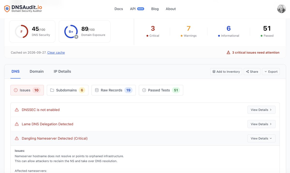 tuitesteban's tweet photo. ok I'm genuinely proud of what we've built at https://t.co/N5XL7zFxWf, seriously.

A security team messaged me today to say thanks... They ran one of their domains through it this morning, and found an issue they didn't know was there. Honestly that made my day!! 🥳

It started as a small tool I built for myself, and now it does what I always wanted: you put in a domain and in about 30 seconds you see what's wrong with its DNS. Dangling records, lame delegation, no DNSSEC, weak SPF/DMARC, missing registrar locks, old subdomains nobody remembers creating

You don't need to install anything or give it access to your zones... it just looks at your domain from the outside, like anyone on the internet can.

The screenshot is from a real scan. A nameserver that stopped answering but is still in the delegation. Nobody notices these until someone else does.

Try it on your own domain, and tell me what it finds: https://t.co/7i64HAHVEB