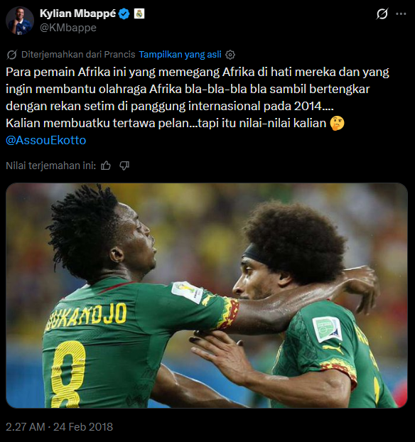 masbola_'s tweet photo. Kena doksli nih Jendral Mbappe. 😂

"Saya akan mendedikasikannya untuk sepakbola Afrika."

Tapi dia malah julidin pemain yang mau bantu Olahraga Afrika. 😅 https://t.co/FYQ6XsBrXF