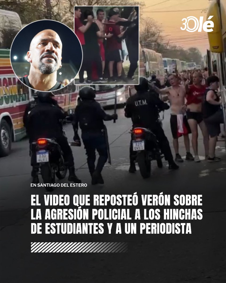 DiarioOle's tweet photo. Juan Sebastián Verón, presidente de Estudiantes, reposteó un video en sus redes sobre la agresión policial contra los hinchas del Pincha y Sebastián Domenech, periodista de TN

"Así trataron a nuestra gente sin ningún motivo", escribió la Brujita en sus redes

Domenech fue a Santiago del Estero en uno de los micros y se encargó de filmar el accionar de los oficiales: uno de ellos intentó derribarle el celular con su palo.

Durante el partido de la Supercopa Internacional, se denunció que alrededor de 40 micros habían sido retenidos por la policía, con exhaustivos controles (y algunas extralimitaciones) y demoras para que no vieran el encuentro desde el inicio

📹 lavozalbirroja