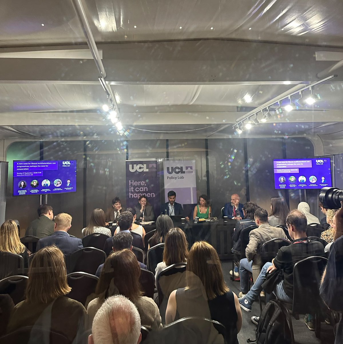 UCLPolicyLab's tweet photo. Standing room only for our opening event at this year's Labour Party Conference, featuring @kirstyjmcneill, Dr Michael Spence (President and Provost at UCL), Prof. Alex Hartman (UCL Political Science), Kate Ferguson (Protection Approaches) and chaired by @kiranstacey. https://t.co/dWbQzNXAXn