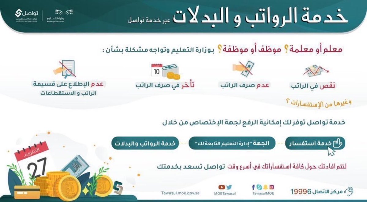Mult6a's tweet photo. #وزارة_التعليم:

خدمة #الراتب والبدلات متاحة لمنسوبي ومنسوبات #وزارة_التعليم عبر خدمة تواصل. https://t.co/VMbODEGwK9