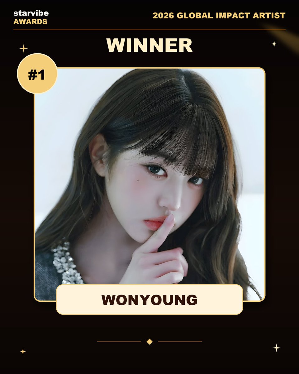 starvibe2015's tweet photo. 🏆 2026 GLOBAL IMPACT ARTIST — WINNER

Congratulations to WONYOUNG for winning STARVIBE AWARDS – 2026 Global Impact Artist! 🌍✨

Thank you to all fans for your amazing support and participation. 💛

📩 WONYOUNG’s official fanbase, please contact us to coordinate the winner reward and follow-up arrangements.

#WONYOUNG #IVE #StarVibeAwards #2026GlobalImpactArtist