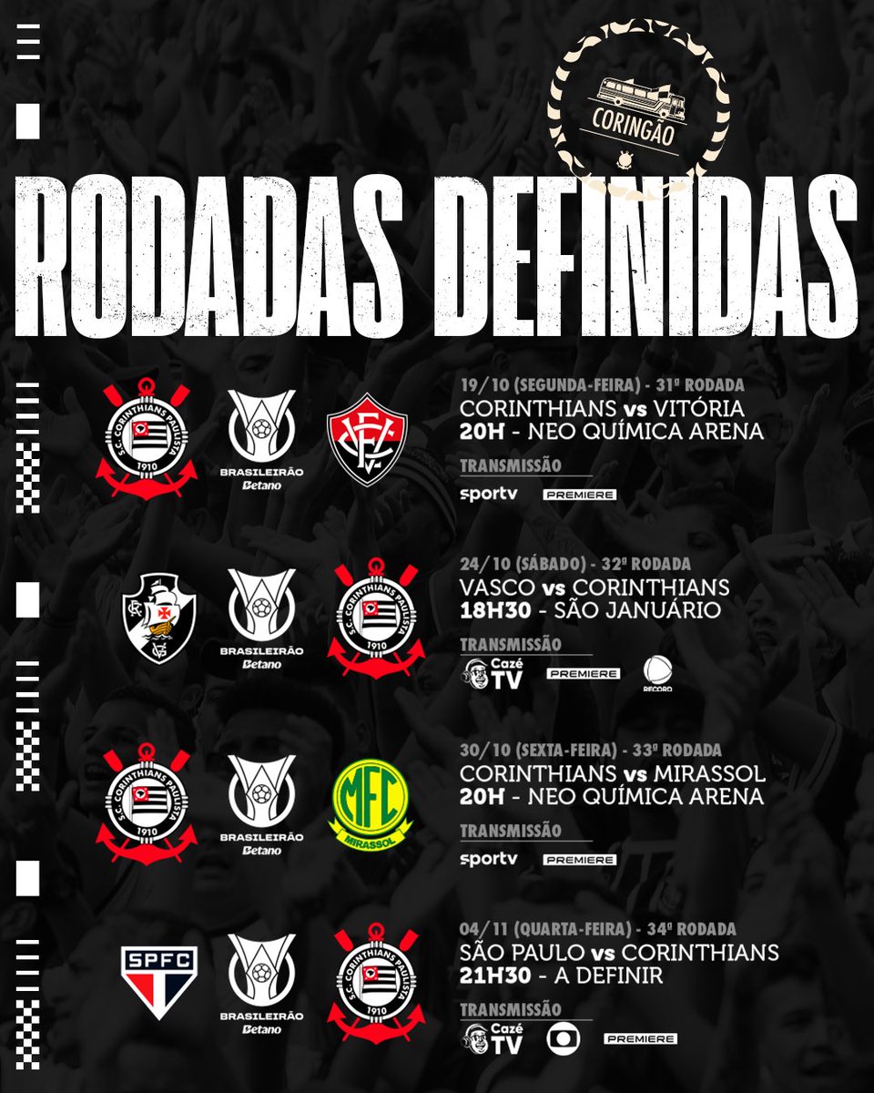 Corinthians's tweet photo. RODADAS DEFINIDAS! ☑️

A CBF divulgou os detalhes das partidas das rodadas 31 a 34 do Campeonato Brasileiro.

#VaiCorinthians https://t.co/JTeBKBmuib