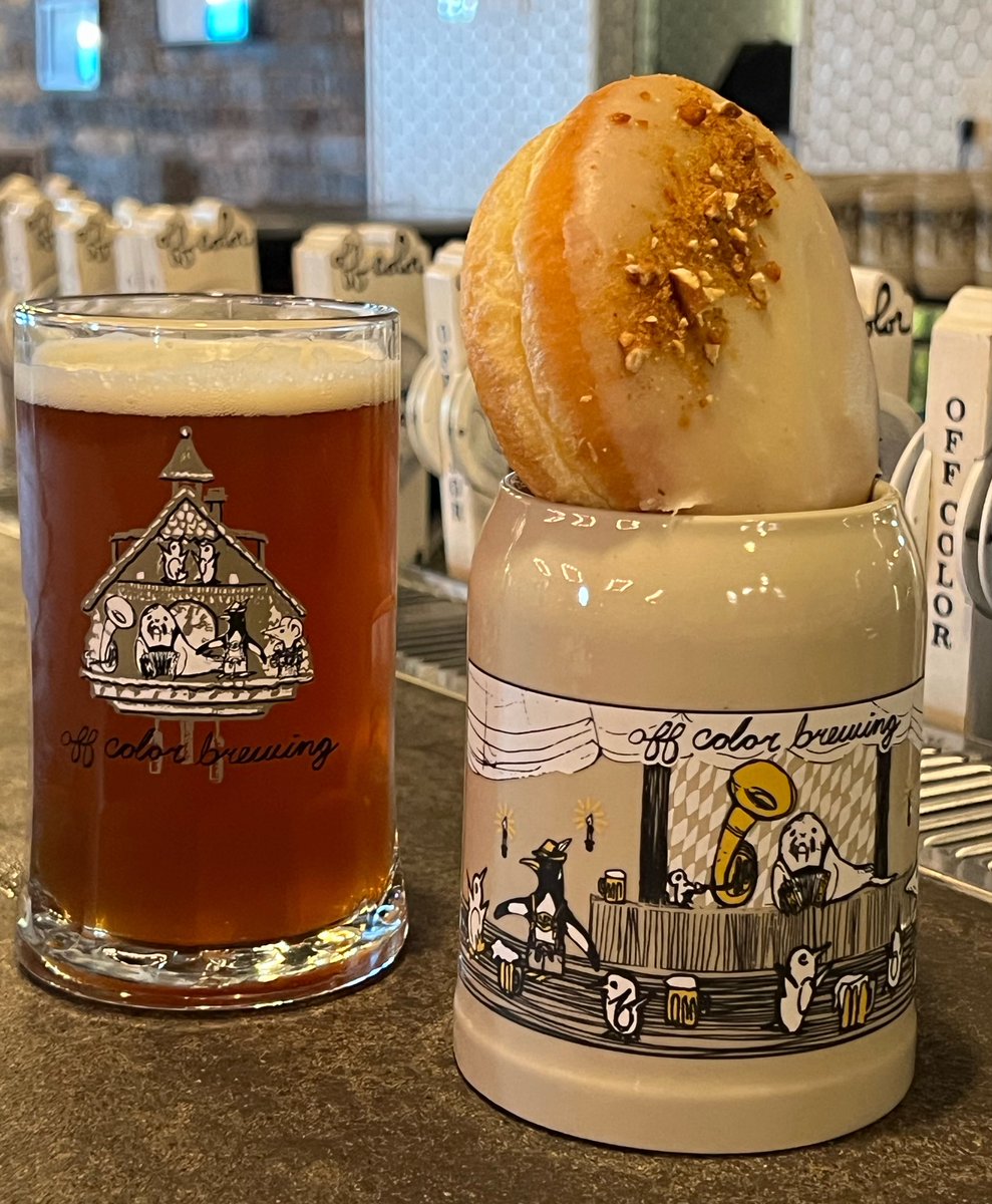 OffcolorBrewing's tweet photo. Early arrivers to today’s Offtoberfest Keep the Stein celebration, get ready for donuts! We teamed up with Firecakes to make an Oktoberfest donut Bismarck donut filled with Bavarian cream, coated in a “Waddle” Oktoberfest infused icing &amp; topped with brown butter pretzel brittle. https://t.co/4xP08XMz5h