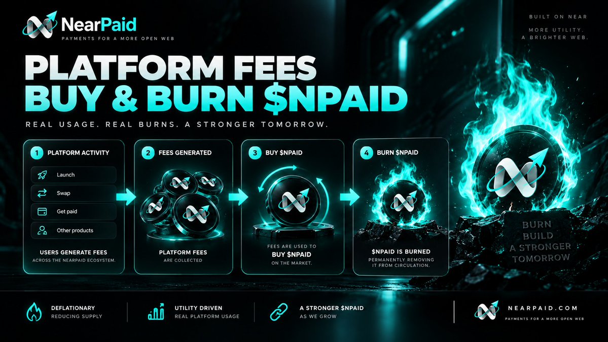 Nearpaid's tweet photo. Where do NearPaid fees go? 🔥
NearPaid isn’t designed to collect fees just for the sake of collecting them.
A portion of platform fees is used to buy & burn $NPAID.
Platform activity → Fees generated → $NPAID bought → $NPAID burned
Every burn permanently removes those tokens from circulation, creating a direct connection between NearPaid platform usage and the $NPAID token economy.
More products. More activity. More utility.
Built to be used. Built around $NPAID. 🔥
https://t.co/dpDys4QLnu