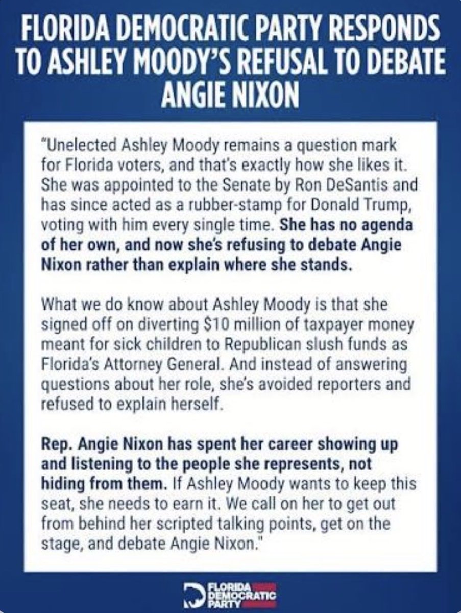 kangaroos991's tweet photo. WHAT kind of 'lowlife' takes tax money
away from SICK children for #political
purposes? 😡 Maybe why #Impressive
Democrat @AngieNixon now LEADS by
SIX points in Florida's Senate race? 🤔

Raise a ✋ if you stand with Angie Nixon
AGAINST #Corruption!🙋‍♂️
👇Cr @FlaDems #VoteBlue 💙 https://t.co/X2Ff6uZzdq