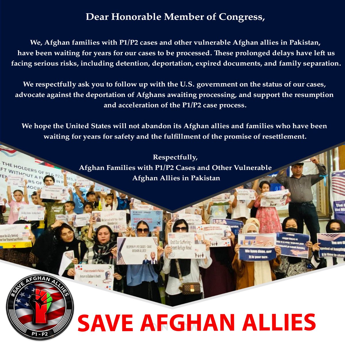 nuristanihaide2's tweet photo. @RepJimmyPanetta Afghan women &amp; children stuck in Pakistan under P1/P2 are living in fear—no school, no rights, no safety. The U.S. must act now. Resume refugee processing. #LetUsLive #AfghanRefugees #Save_Afghan_Allies_USRAP https://t.co/lWLUTOxFzd