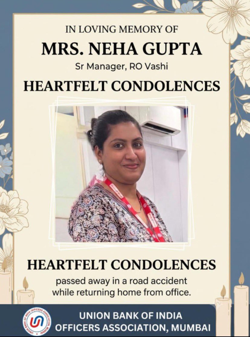 BOIOAMediaUPUTT's tweet photo. A Black Sunday for the banking fraternity. 

Reportedly, Com. Neha Gupta of Union bank lost her life in a road accident while returning home after Sunday duty.

Targets will return. Offices will reopen. But her family can never get her back.

Was Sunday banking worth this price? https://t.co/6JPuSmTRyc