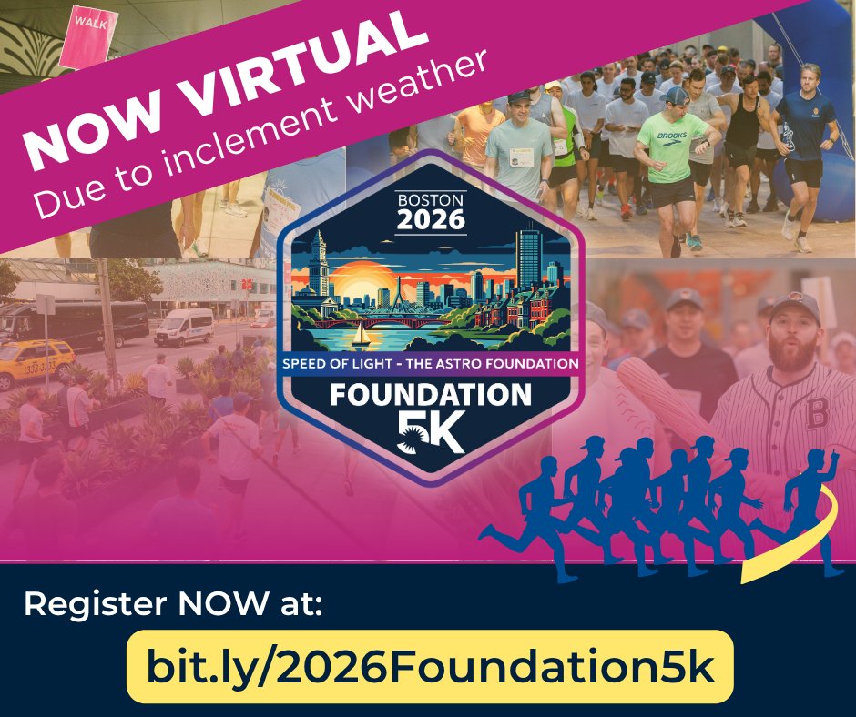 SpeedofLightFdn's tweet photo. Attention all #ASTRO26 Foundation 5k runners: For safety reasons, the Foundation 5k will now be held virtually due to inclement weather.

You can still stop by the Speed of Light Foundation Booth in the North Lobby to pick up your swag and let us know how you plan to participate, whether on the treadmill, by counting your steps, or by running safely outside on your own.