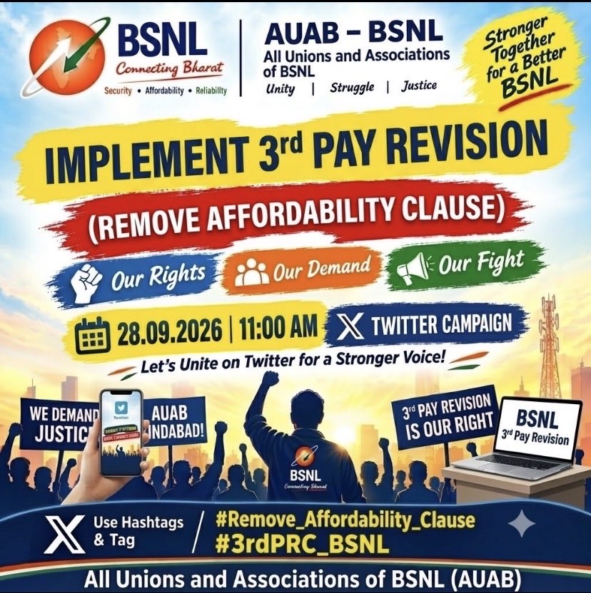 RehmanFirdous's tweet photo. Jammu and kashmir Circle :
To ensure the success of the Twitter campaign on 28.09.2026, all Comrades are requested to tweet between 11:00 AM &amp; 1:00 PM.
Ensure that  following hashtags trend at the top to secure the 3rd PRC.
#Remove_Affordability_Clause
#3RdPRC_BSNL @bsnleuchq https://t.co/G6XIRuQO3T