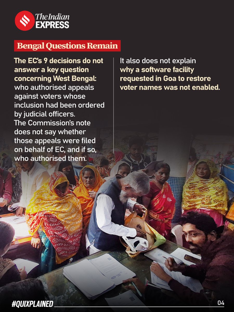 IndianExpress's tweet photo. After a meeting on Saturday, the poll panel announced nine decisions that addressed several of the concerns recorded by Election Commissioners Sukhbir Singh Sandhu and Vivek Joshi. But key silences remain — including on Form 6 and appeals in Bengal.

Written by: @RitikaChopra__ 
Design by: @abhishekkmitra1 

Read: https://t.co/kJLeJ2LD8F