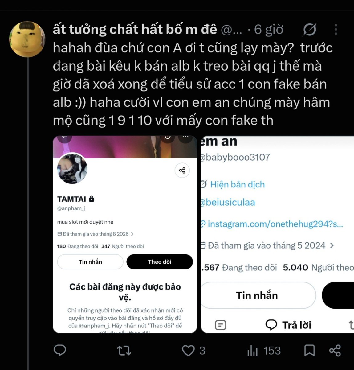 beiusiculaa's tweet photo. Lên bài đéo nổi 1k view bày đặt đi vu khống người khác =))) chả ảnh hưởng j tới t cứ ở đó lên bài vu khống với mấy view lẹt đẹt đi nhaaaaa con ngu ngục https://t.co/4NRBlUTCBj