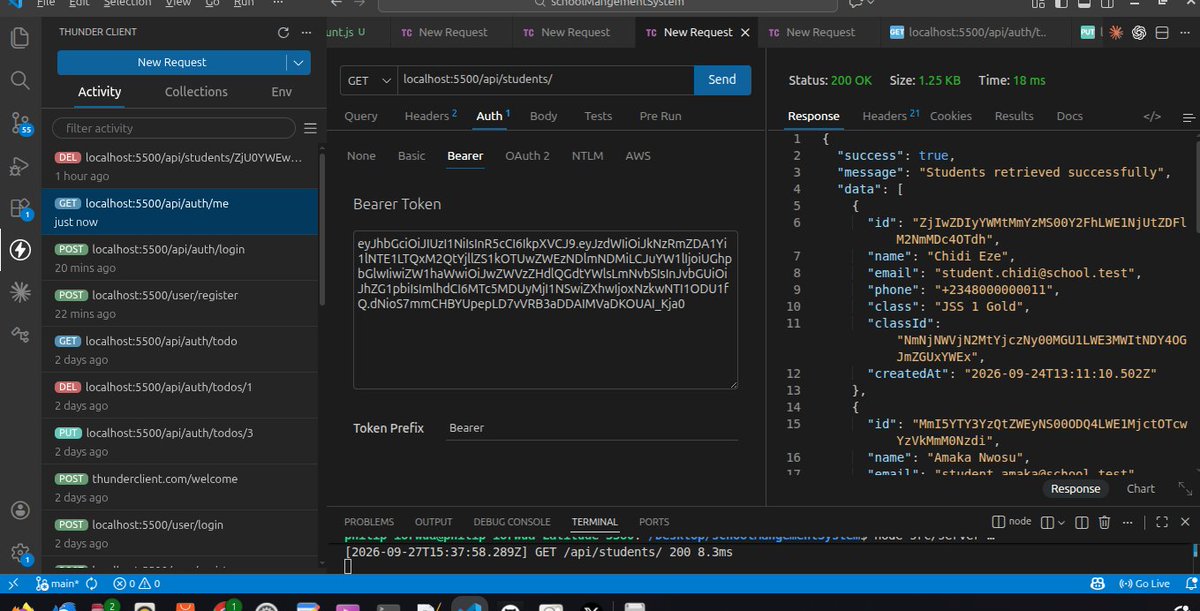PIorwua12080's tweet photo. Day 21 of #30DaysOfCode, Built a School Management System REST API using Node.js and Express.js. ๐
Implemented JWT authentication, role-based authorization, CRUD operations, input validation, bcrypt password hashing, rate limiting, and centralized error handling โ all with https://t.co/wAApxFlAQO