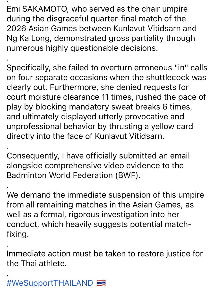 im_sernz's tweet photo. ล่าสุดฉันเห็นเพจ We Support Thailand  ส่งเมลถึง BWF แล้ว 

ว่ากรรมการคนนี้ตัดสินผลไม่เป็นธรรม เข้าข่ายล็อคผลการแข่งขัน 

แล้วประธานสมาคมคือ คุณหญิงปัทมา รอดูกันต่อไปว่าจะเข้ามาตัดสินต่อไหม พรุ่งนี้ https://t.co/QbxtosT0rc