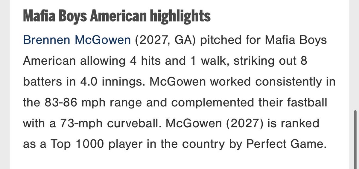 brennenmcgowen's tweet photo. Stat line from today. Velo was way down but the off speed was great.

@BPC_Recruits @5starnational @Rusty_Kellum @MafiaGrubbs https://t.co/MVOdwrrlTa