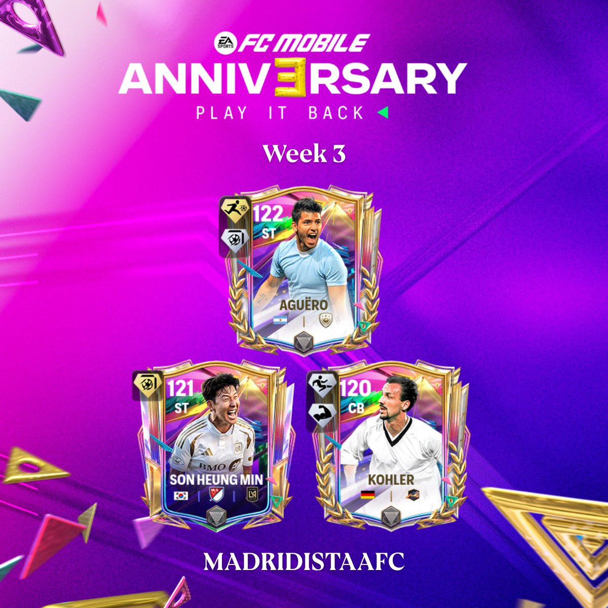 MadridistaaFC's tweet photo. FC Mobile 3rd Anniversary - Week 3 Drafts 

Draft A
122 Lionel Messi
121 Kevin de Bruyne 
120 Pierre-Emerick Aubameyang

Draft B
122 Sergio Aguëro
121 Son Heung Min
120 Jürgen Kohler

#FCMobile #Anniversary #3rdAnniversary #Week3
