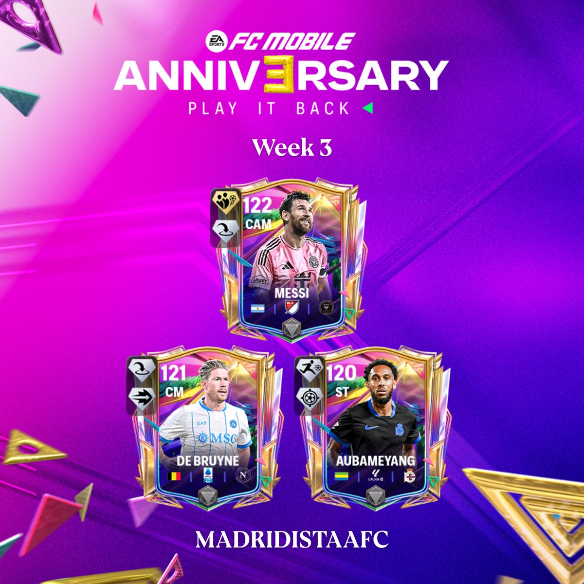 MadridistaaFC's tweet photo. FC Mobile 3rd Anniversary - Week 3 Drafts 

Draft A
122 Lionel Messi
121 Kevin de Bruyne 
120 Pierre-Emerick Aubameyang

Draft B
122 Sergio Aguëro
121 Son Heung Min
120 Jürgen Kohler

#FCMobile #Anniversary #3rdAnniversary #Week3