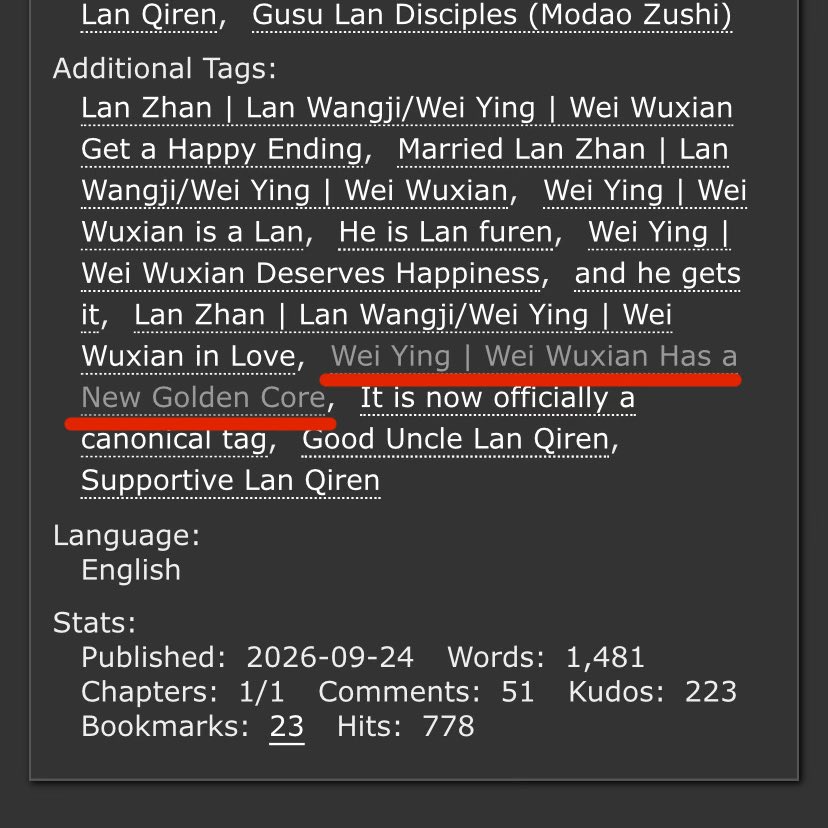 Elizabethswwann's tweet photo. SAW THE TAG “Wei Wuxian Has a New Golden Core” like OMFG it’s an official tag now //crying// AND THEN OPENED THE FIC AND THE FIRST LINE WAS “Lan Zhan, Lan Zhan look at me i am flying.” DO YOU UNDERSTAND WHAT YOU’VE DONE TO ME??? I AM SOBBING & SCREAMING!!!! I CANT BELIEVE THIS IS REAL I’M SO HAPPY FOR HIM 😭🫶