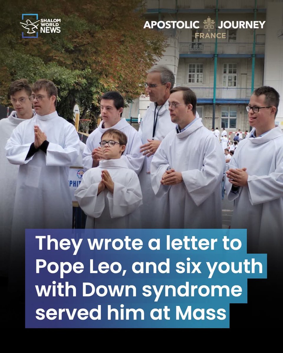 haywhyutd's tweet photo. The world watched the heartwarming scene with admiration and love as six young men served Pope Leo XIV at the Holy Mass at the Place de la Concorde in Paris. The young men, namely Théophile, Maxime, François, Foucauld, Timothée and Jérôme, who had the special privilege to serve the Pope at the altar at one of most significant occasions in recent times, have a story to tell about how they were chosen for the once in a lifetime blessing.

Sometime ago, during an audience with Pope Leo at the Vatican to the Lejeune Foundation, eleven-year-old Théophile handed over a letter to the Pope, signed by the six altar servers requesting an opportunity to serve the papal Mass when he would be visiting Paris. His wish was granted by the Pope and he was taught the art of serving at the altar by another young man with down syndrome, Maxime. The duo was joined by François, Foucauld, Timothée and Jérôme in Paris.

The noble gesture garnered wide praise from various corners, opening a new vista of acceptance for people with down syndrome. Representing ‘Down España’, a Spanish organization advocating for people with Down syndrome, Icíar De La Peña called decisión “a beautiful gesture that should help us see naturally that people with Down syndrome are exactly the same as any of us and, therefore, can and should participate as equals in our society”.  “Intellectual disability does not prevent a person from having spiritual and religious convictions, nor should it prevent their participation in the life of the Church and their presence within it” she added.

Source: Shalom World News 

#popeleoxiv #paris #popeandkids #shalomworldnews #apostolicjourneytofrance