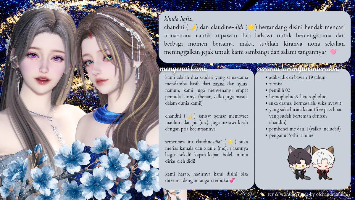 ofchandramukhi's tweet photo. ↻+♡ appreciated! 

chandni dan kakak claudine (@starzeling) akhirnya memutuskan untuk mencari wajah baru untuk diajak berkawan. boleh intip ajakan ini dan tinggalkan jejak? akan kami hampiri sesegera mungkin!! (⁠◍⁠•⁠ᴗ⁠•⁠◍⁠) https://t.co/DwiCZm0ytP