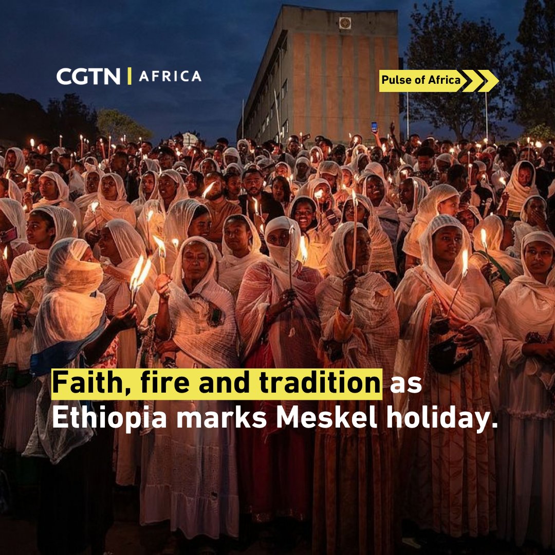 cgtnafrica's tweet photo. Ethiopia lights up for Meskel Festival

Millions of Ethiopians gathered for Meskel, filling cities and communities with prayers, music, traditional ceremonies and towering bonfires. The Meskel Festival is an annual celebration of the discovery of the True Cross by the Roman Empress Saint Helena during the 4th Century. The event comes as renewed fighting in Tigray has spread to neighboring Amhara and Afar regions, casting a shadow over this year’s festivities. For many communities, the holiday remains a deeply rooted expression of faith, culture and renewal at the close of the rainy season. #PulseOfAfrica