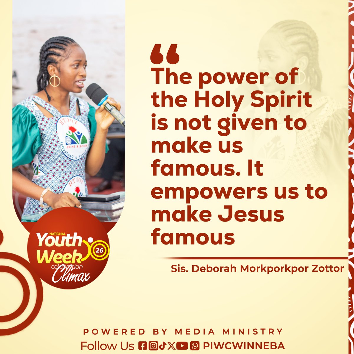 piwc_w's tweet photo. Your strength, talent and influence can take you far, but making Jesus famous requires the power of the Holy Spirit working through you
| #NYWC26 | #MakingJesusFamousEverywhere | #PossessingTheNations | #ReachOut | #TakeOver | #piwcwinneba |
ββββββββ
> Powered By:
> Youth and Media Ministry