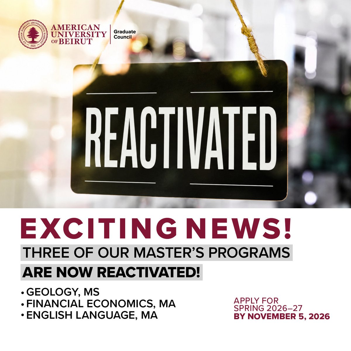 AUBGradCouncil's tweet photo. We’re excited to share that more opportunities are now available!

🔗Apply now: https://t.co/Av6LNPy2Wf

Have any questions? Find your answers in our FAQs: https://t.co/BbKCvbjQ3S 

#aub #graduatestudies #masters #applynow https://t.co/3KnzkFwfl3
