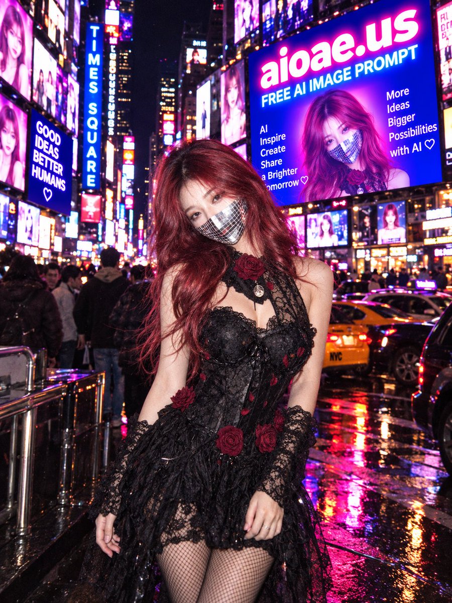 aiacademyus's tweet photo. ChatGPT Prompt

Subject:
A clearly adult woman in her 20s with long, voluminous burgundy-red wavy hair, soft glam makeup, luminous fair skin, and a confident, slightly dreamy gaze.

Outfit:
Black gothic lace corset mini dress with intricate floral lace, sheer detailing, deep-red 3D rose appliqués, a lace choker decorated with a dark-red rose and jeweled brooch, black lace wrist cuffs, and fine black fishnet tights.

Pose:
Standing with a gentle hip shift and relaxed shoulders, head tilted slightly toward the camera. One hand rests naturally beside her skirt while the other stays relaxed. She holds a reflective silver mirrored mosaic mask over the lower half of her face, catching fragmented reflections of the surrounding billboards.

Background:
Nighttime at the busiest landmark area of Times Square, New York City, surrounded by towering LED screens, dense crowds, traffic, and glowing skyscrapers. A large prominent billboard clearly displays “https://t.co/Cvi7BNq307” and “FREE AI IMAGE PROMPT” in clean, readable English.

Lighting & Camera:
Raw nightlife snapshot aesthetic, direct on-camera flash illuminating the subject against the darker city, slightly overexposed skin highlights, vivid red/blue/pink LED reflections, high-ISO digital grain, subtle chromatic noise, soft background blur, slight handheld imperfection, realistic skin texture.

Composition:
Vertical fashion portrait, subject dominant in frame with the Times Square advertising screen clearly visible behind her, candid editorial nightlife photography, 3:4 aspect ratio. #ChatGPT