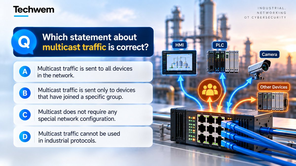 Techwem's tweet photo. 🧠 OT Networking Quiz

Which statement about multicast traffic is correct?

A) Sent to all devices
B) Sent to a specific group
C) Needs no configuration
D) Not used in industrial protocols
Drop your answer 👇
#OTCybersecurity #IndustrialNetworking #Multicast #ICS https://t.co/aCsISyfdN7