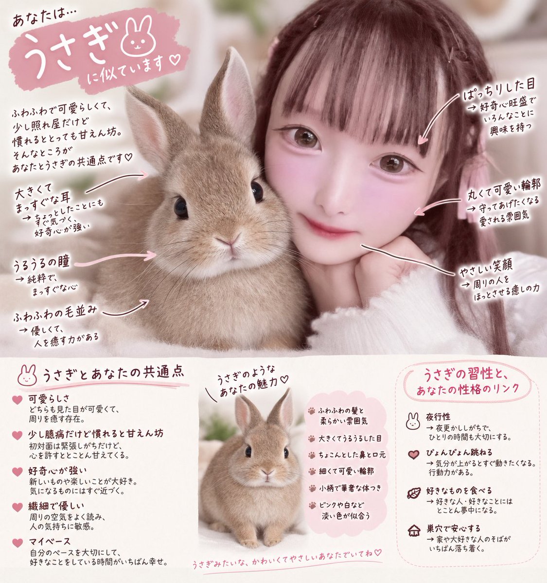 konoha_333's tweet photo. 最近？よくみる動物診断やってみた🩷️
うさぎ！猫だと思ったけど
見た目はうさぎなのかな🐰🐇
#動物診断 #アイドル #地下アイドル https://t.co/iaNyymyaIk