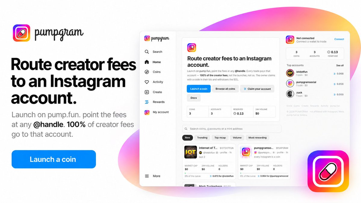 pumpgramsocial's tweet photo. Route creator fees to any Instagram account

attach a profile, a post or a reel → it launches on https://t.co/KCQu5HQ9se → 100% of the creator rewards are reserved for that account.

the owner claims with one code in their bio.

https://t.co/HjouK2lVSw https://t.co/iMOfiNXvku