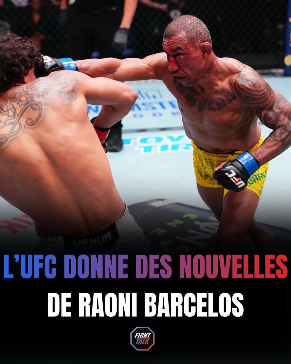FighTalk's tweet photo. 🥊 DES NOUVELLES RASSURANTES POUR RAONI BARCELOS 🙏

L’UFC confirme que le Brésilien est stable, conscient et réactif après avoir été transporté à l’hôpital.

Son scanner et son bilan complet ont été effectués. Il reste sous surveillance médicale.

#FightTalk #UFC #RaoniBarcelos https://t.co/282qLLjMLb
