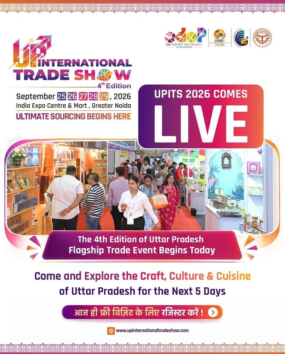 OfficialGNIDA's tweet photo. 🎉 UPITS 2026 COMES LIVE! 

The doors are open, #𝗨𝗣𝗜𝗧𝗦𝟮𝟬𝟮𝟲 is live, bringing together the craft, culture, cuisine, enterprise and opportunities of UP on one grand platform.

𝗘𝘃𝗲𝗻𝘁 𝗗𝗮𝘁𝗲: 25-29 September 2026
𝗩𝗲𝗻𝘂𝗲: India Expo Centre &amp; Mart, GreaterNoida, UP https://t.co/XL6LtIQZWy