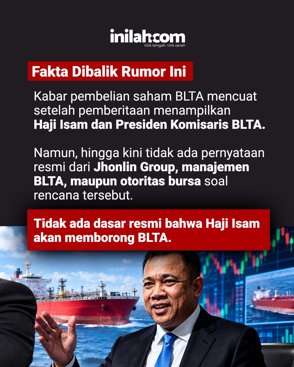 inilahdotcom's tweet photo. Rumor soal rencana pembelian saham BLTA yang dikaitkan dengan Haji Isam belakangan ramai diperbincangkan.

Namun, kabar tersebut telah dibantah oleh kuasa hukum Jhonlin Group. 

Informasi mengenai rencana pembelian saham hingga dana Rp10 miliar disebut tidak memiliki dasar hukum dan data yang akurat.

Publik pun diimbau untuk mencermati sumber informasi sebelum mempercayai kabar terkait aksi korporasi atau transaksi saham.

https://t.co/kjg7KBSy7e