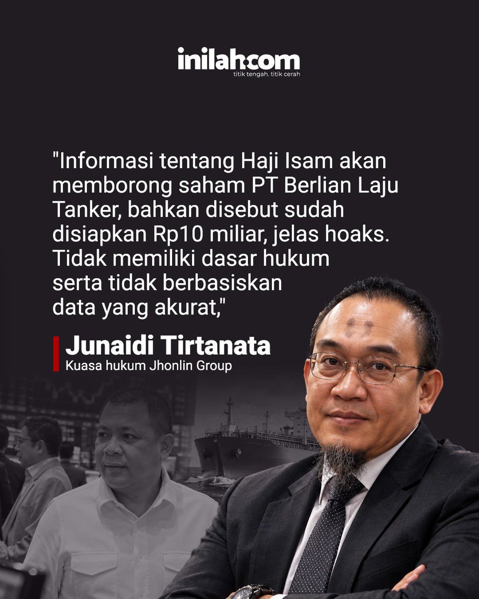 inilahdotcom's tweet photo. Rumor soal rencana pembelian saham BLTA yang dikaitkan dengan Haji Isam belakangan ramai diperbincangkan.

Namun, kabar tersebut telah dibantah oleh kuasa hukum Jhonlin Group. 

Informasi mengenai rencana pembelian saham hingga dana Rp10 miliar disebut tidak memiliki dasar hukum dan data yang akurat.

Publik pun diimbau untuk mencermati sumber informasi sebelum mempercayai kabar terkait aksi korporasi atau transaksi saham.

https://t.co/kjg7KBSy7e