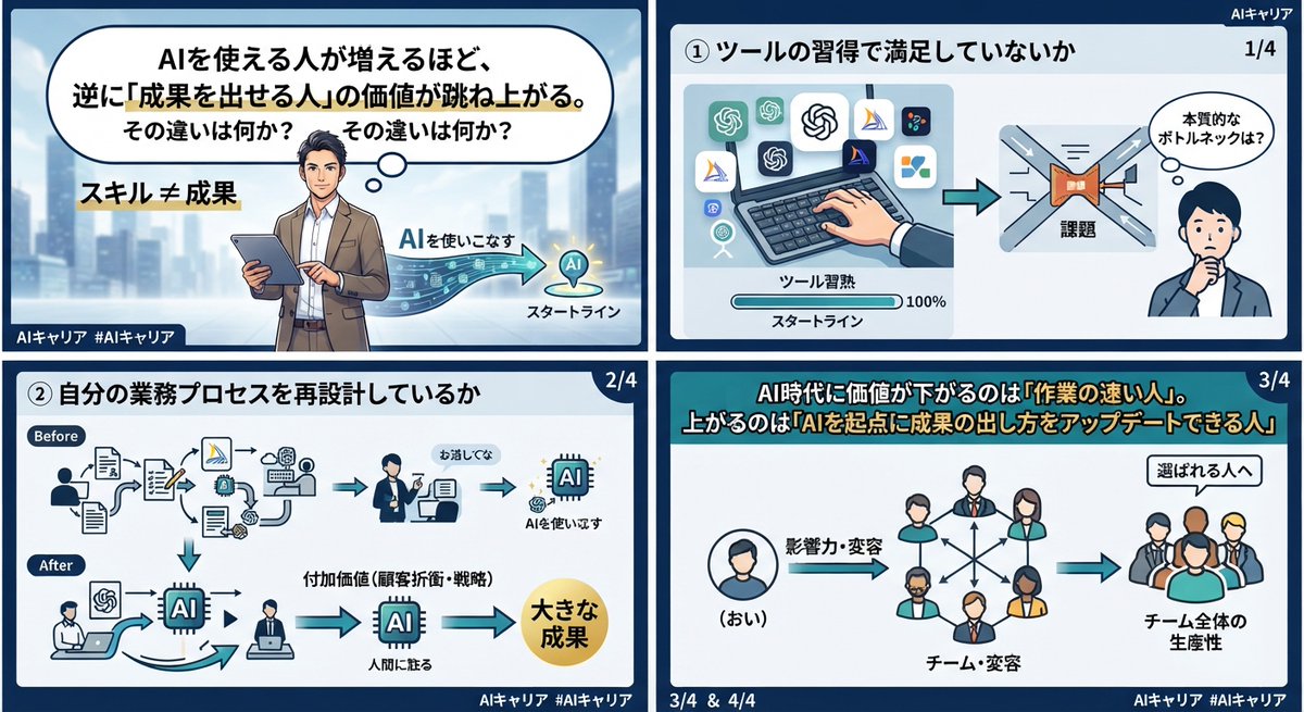 playinggrowing's tweet photo. ▼【AI×スキル】「AIを使える」と「AIで成果を出す」の決定的な違い▼

「AIを使える人」が増えるほど、逆に「成果を出せる人」の価値が跳ね上がる。その違いは何か？ #AIキャリア https://t.co/2chwCGqtdt