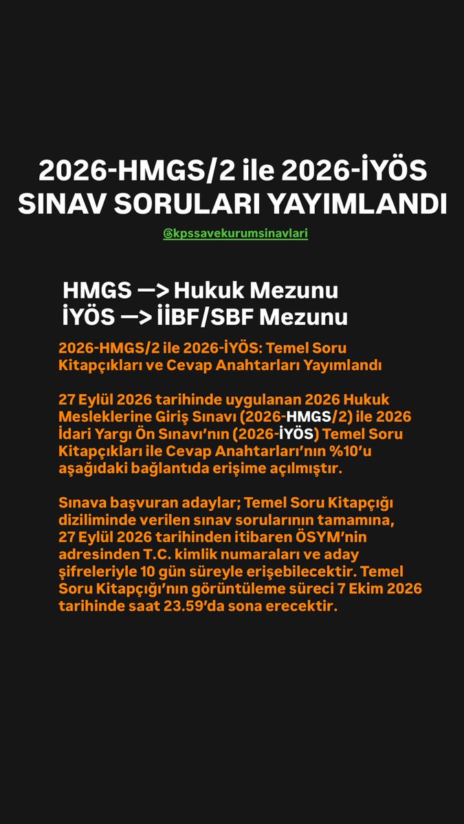 KPSSAVEKURUM's tweet photo. 2026-HMGS/2 ile 2026-İYÖS SINAV SORULARI YAYIMLANDI
HMGS —>Hukuk Mezunu
İYÖS —>İİBF/SBF Mezunu
https://t.co/cNYU0klNEy
@KPSSAVEKURUM
#kpss #kpssA #kpssb #kpss2026 #kpssalan
#İİBF #SBF #Hukuk #Uzman #Müfettiş #Kaymakam #Sayıştay #hakim #savcı #Hmgs #İYÖS #KariyerMeslekleri https://t.co/E6nGP799Pm