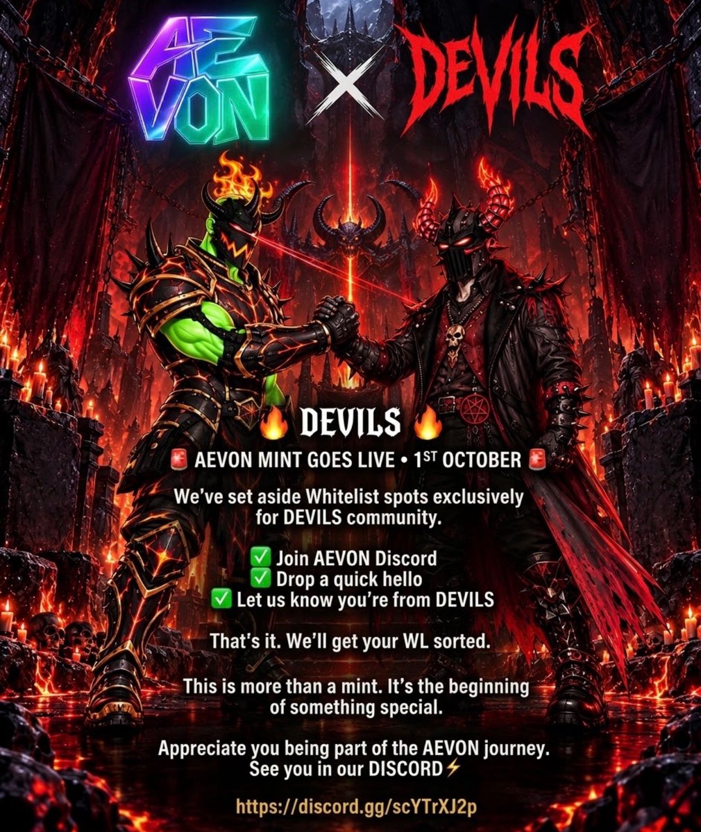 AevonNFT's tweet photo. ⚡️Calling all @DevilsSOL666 Holders ⚡️

Our Mint goes live on 1st October and we have set aside some WL spots for you!

Drop into our Discord and we’ll hook you up!

https://t.co/PpFuMtOfMh

Thanks for being part of our journey 🙌🏼 https://t.co/Ar7Vc6wlEg