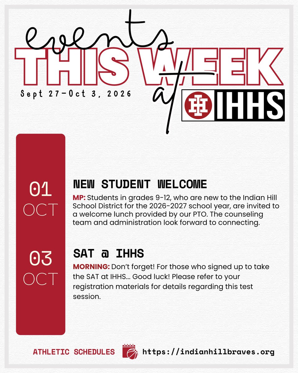 indianhillhs's tweet photo. Events and Schedule for #ThisWeek at @indianhillhs! 📆📌 #ihpromise @IHSchools @IHSD_Arts @IHCampusLife @IH_sportsmedia @bphelps_IH @EigherIh https://t.co/2UjQLGJWqB