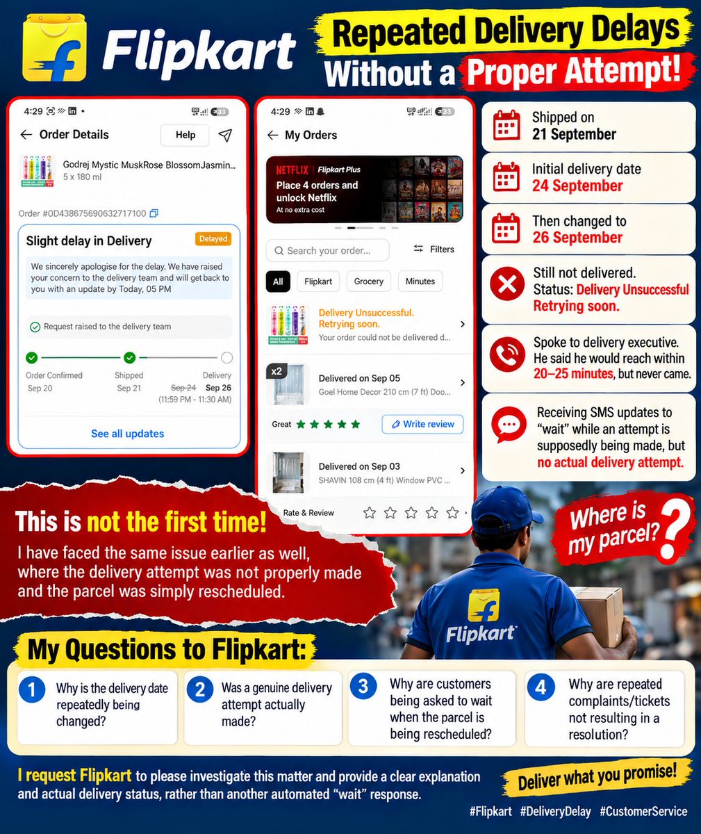 monish_memer's tweet photo. Flipkart Delivery: How many times will the delivery date keep changing without an actual delivery attempt?

Iska Jimmedar Nanpara Hub Hai😠

@Flipkart @Ekart #flipkart #nanparahub #boycott #badservice #harassment #CustomerExperience https://t.co/S22EEPYqgv