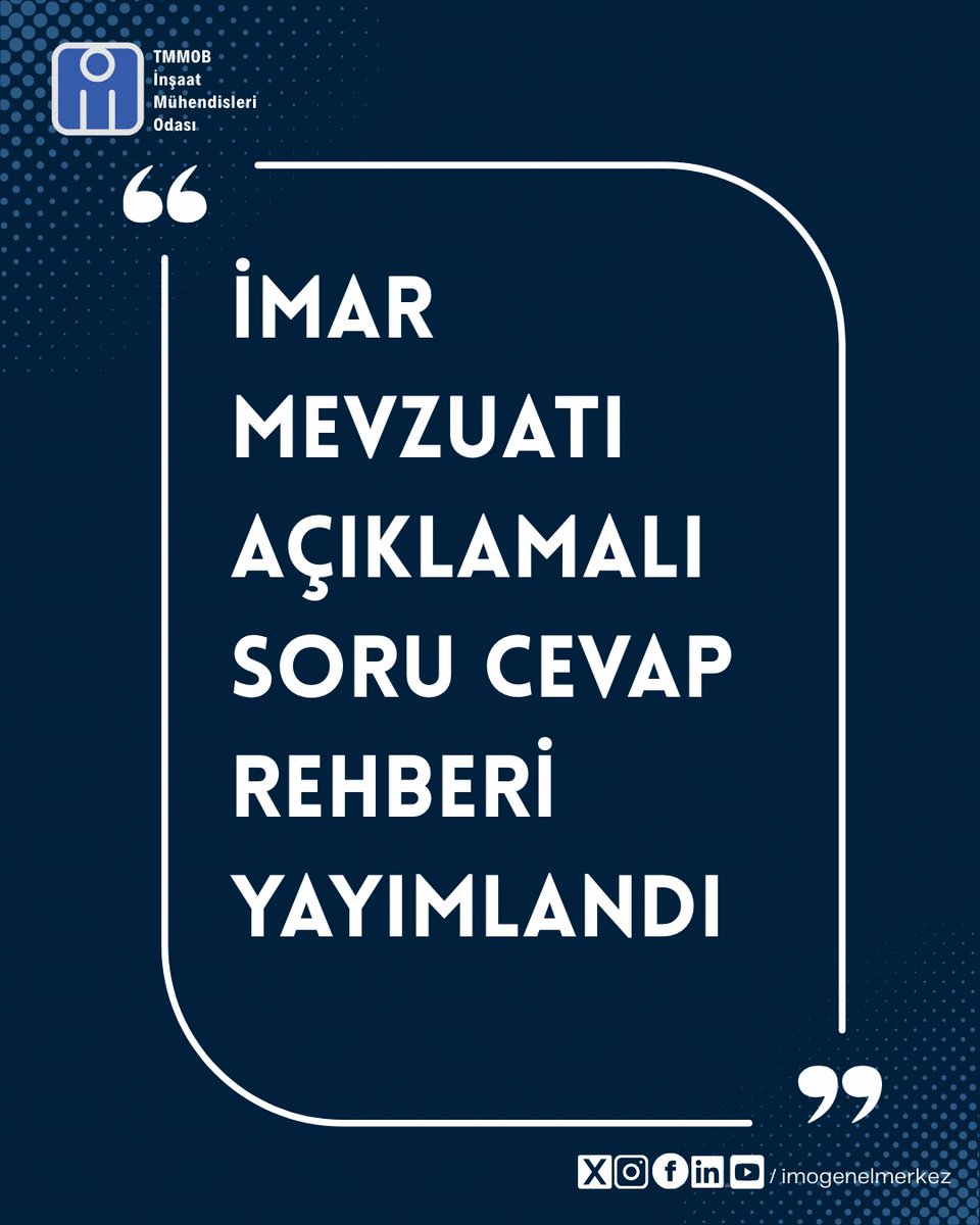 imomerkez's tweet photo. 🔷🔹 İmar Mevzuatı Açıklamalı Soru Cevap Rehberi Yayımlandı

T.C. Çevre, Şehircilik ve İklim Değişikliği Mesleki Hizmetler Genel Müdürlüğü İmar Düzenleme Daire Başkanlığınca, imar mevzuatının uygulanmasında karşılaşılan başlıca konularda uygulama birliğinin desteklenmesi ve uygulayıcıların ihtiyaç duyduğu açıklamalara kolaylıkla erişebilmesi ve daha önce oluşturulmuş görüş metinlerinden istifade edilmesi amacıyla hazırlanan “İmar Mevzuatı – Açıklamalı Soru ve Cevap Rehberi”, 24 Eylül 2026 tarihi itibarıyla internet sitelerinde yayımlandı.👇
haberin devamına web sitemizden erişebilirsiniz.

https://t.co/piocKZbSlD