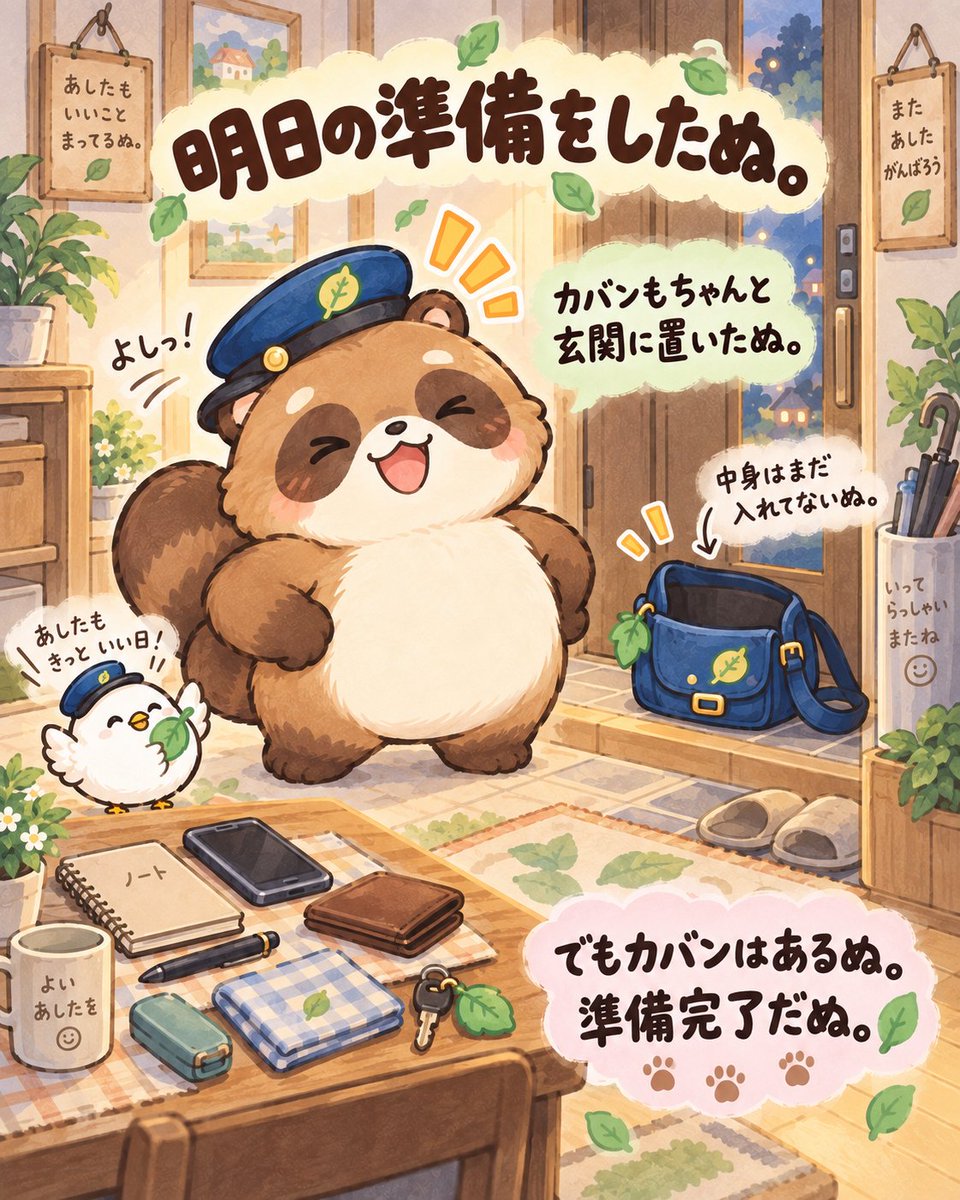 chantodanu's tweet photo. 明日の準備をしたぬ。

カバンもちゃんと
玄関に置いたぬ。

中身はまだ入れてないぬ。

でもカバンはあるぬ。

準備完了だぬ。🌿 https://t.co/Sz8W4KhXpZ