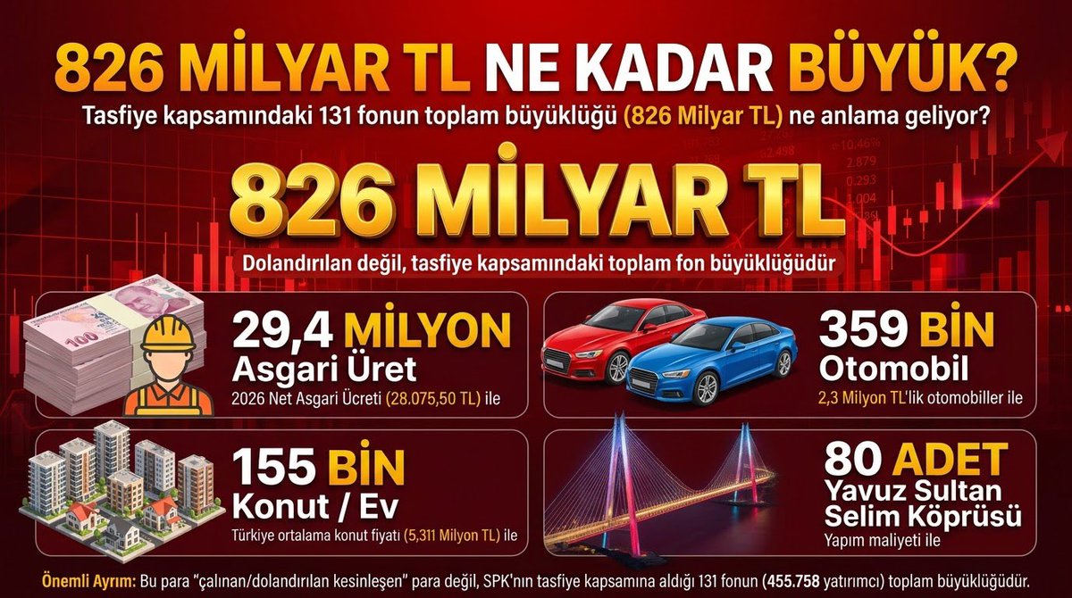 Akillifis's tweet photo. 826 MİLYAR TL!
Bu rakamın büyüklüğünü hayal etmek zor.
🔴 29,4 milyon asgari ücret
🚗 359 bin adet 2,3 milyon TL’lik otomobil
🏠 155 bin ortalama konut
🌉 80 adet Yavuz Sultan Selim Köprüsü
Ve bunların tamamı 826 milyar TL’nin karşılığı.
@spkgovtr #TMV #fonmağdurları #TLY #T2P https://t.co/S12gRko62e
