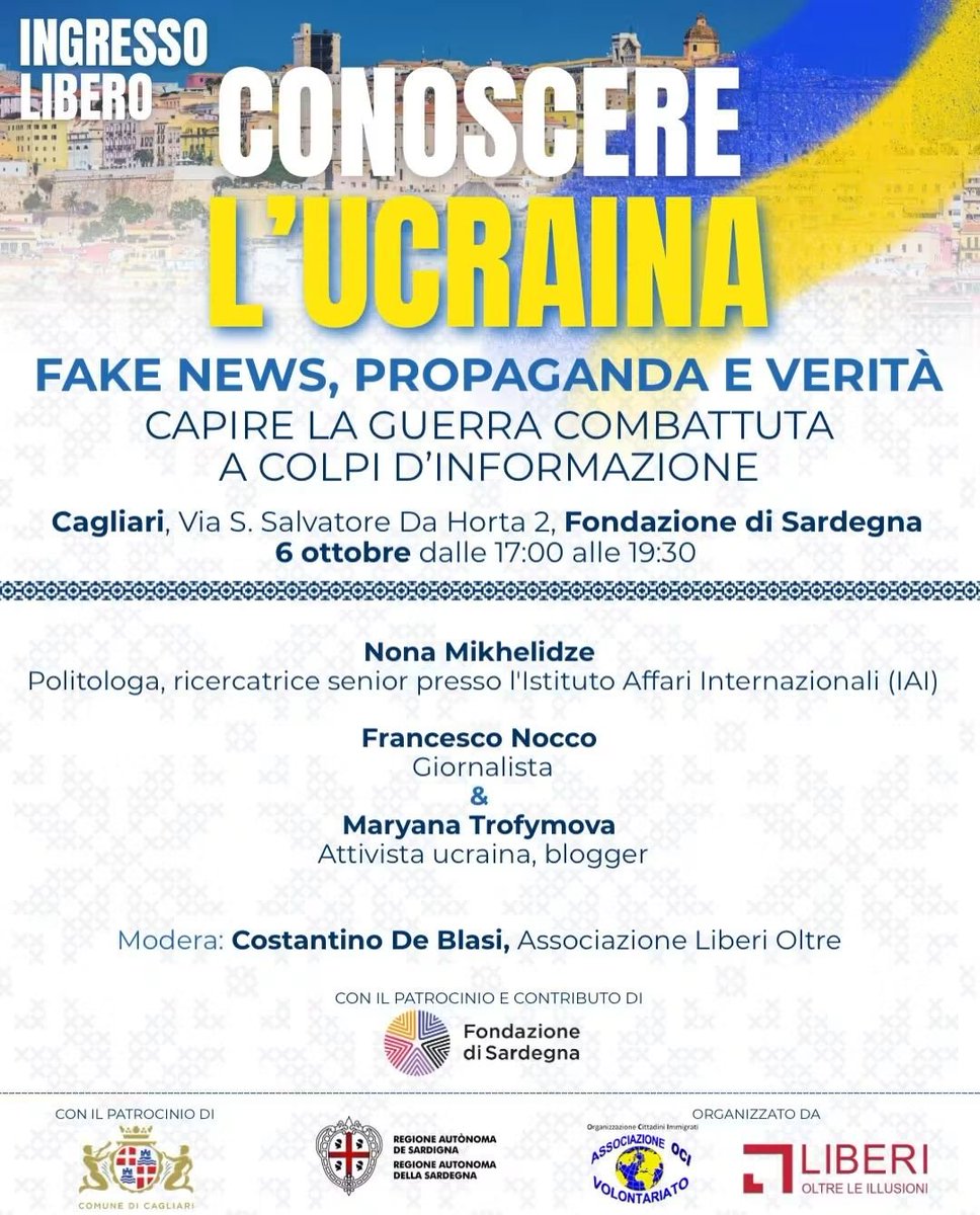 Gyruum's tweet photo. Amici, questo è uno dei primi e più grandi eventi sull'Ucraina in Sardegna.

Anche se è lontano da voi vi chiedo di condividerlo con chi potrebbe essere interessato perché purtroppo la propaganda russa ha avuto molto tempo per lavorare in Sardegna e c'è davvero tanto bisogno di parlare di Ucraina.

L'evento si svolgerà in tre giorni, io ci sarò il 6 Ottobre insieme alla bravissima @NonaMikhelidze e il bravissimo Francesco Nocco. Ma partecipate a tutte le giornate perché saranno interessanti, vi lascio sotto tutte le locandine. L'evento sarà registrato e sarà disponibile sul canale YouTube di @liberioltre