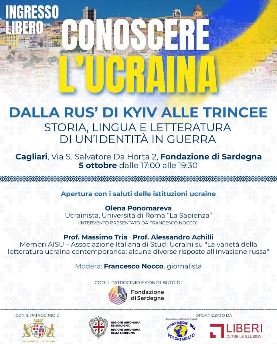 Gyruum's tweet photo. Amici, questo è uno dei primi e più grandi eventi sull'Ucraina in Sardegna.

Anche se è lontano da voi vi chiedo di condividerlo con chi potrebbe essere interessato perché purtroppo la propaganda russa ha avuto molto tempo per lavorare in Sardegna e c'è davvero tanto bisogno di parlare di Ucraina.

L'evento si svolgerà in tre giorni, io ci sarò il 6 Ottobre insieme alla bravissima @NonaMikhelidze e il bravissimo Francesco Nocco. Ma partecipate a tutte le giornate perché saranno interessanti, vi lascio sotto tutte le locandine. L'evento sarà registrato e sarà disponibile sul canale YouTube di @liberioltre