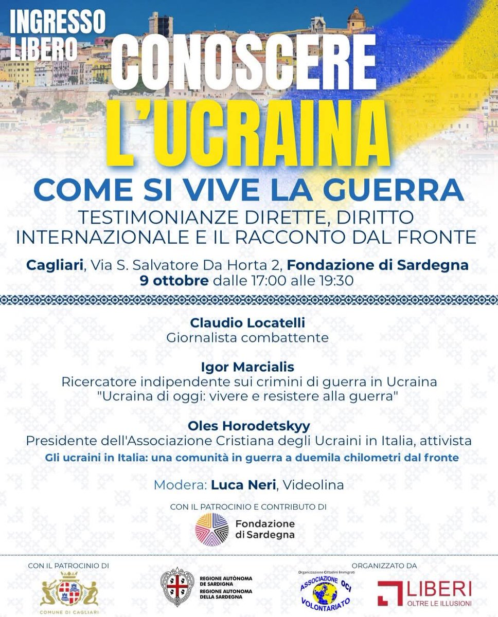 Gyruum's tweet photo. Amici, questo è uno dei primi e più grandi eventi sull'Ucraina in Sardegna.

Anche se è lontano da voi vi chiedo di condividerlo con chi potrebbe essere interessato perché purtroppo la propaganda russa ha avuto molto tempo per lavorare in Sardegna e c'è davvero tanto bisogno di parlare di Ucraina.

L'evento si svolgerà in tre giorni, io ci sarò il 6 Ottobre insieme alla bravissima @NonaMikhelidze e il bravissimo Francesco Nocco. Ma partecipate a tutte le giornate perché saranno interessanti, vi lascio sotto tutte le locandine. L'evento sarà registrato e sarà disponibile sul canale YouTube di @liberioltre
