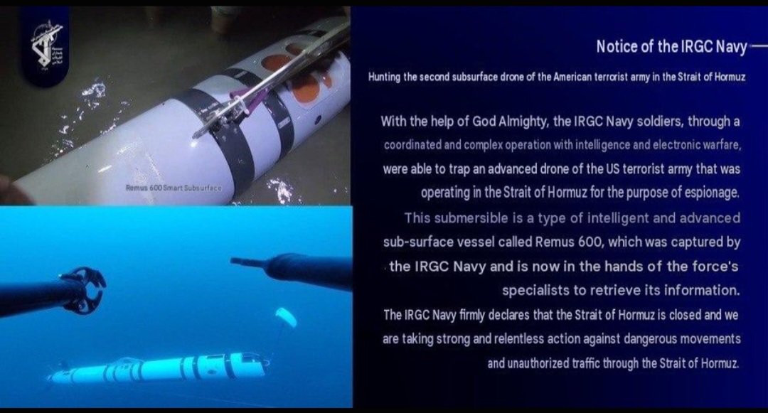 Asalakhwan's tweet photo. @RyanRozbiani Iran just captured a second US underwater drone! The IRGC now has access to its routes and sonar data. America's high-tech gear keeps falling into our hands. Proud of our forces! https://t.co/wO1c1kC3w6