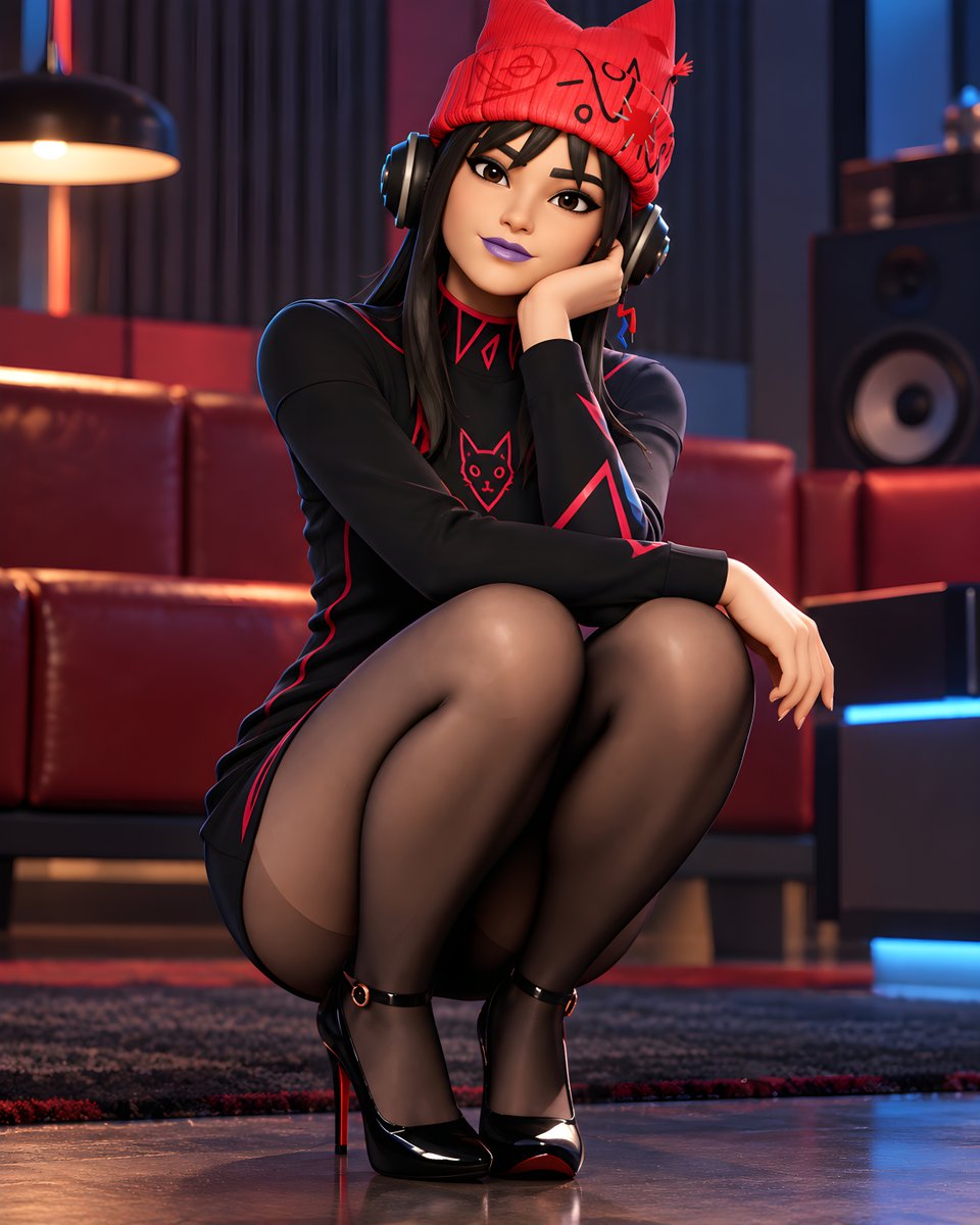 fortnite_labo's tweet photo. 赤と黒で魅せる大人のHope ❤️🔥
Hope in Red and Black ❤️🔥
猫耳ビーニーと黒×赤のドレス、落ち着いた視線が大人の余裕を引き立てる🎧🖤
Her cat-ear beanie, black-and-red dress, and calm gaze bring out a confident, mature charm.🎧🖤
#Hope #NightStudio #MusicRoom #RedAndBlack #Fortnite #FortniteArt #AIArt #AIArtwork